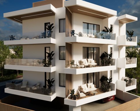 Απεικόνιση της νέας τριώροφης οικοδομής με μεγάλες βεράντες και ξύλινες επενδύσεις